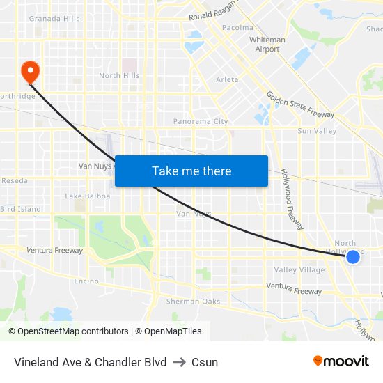 Vineland Ave & Chandler Blvd to Csun map