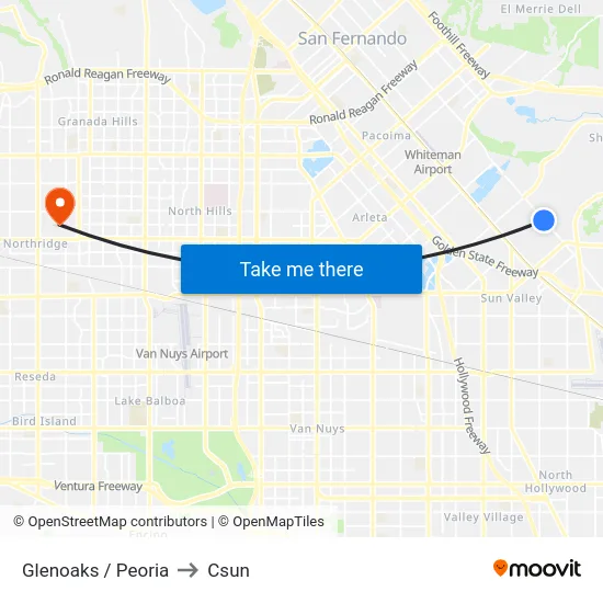 Glenoaks / Peoria to Csun map