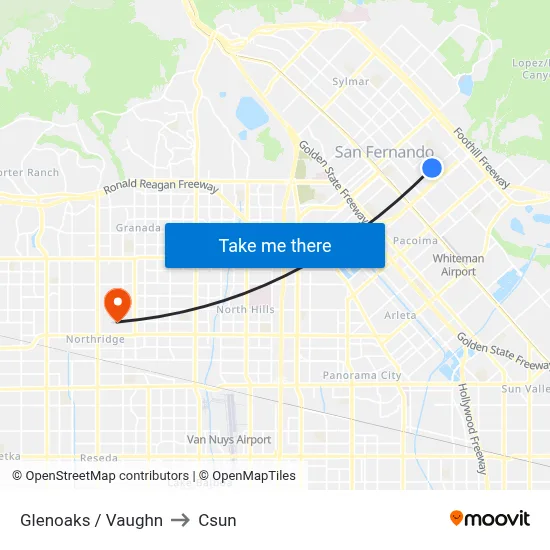 Glenoaks / Vaughn to Csun map