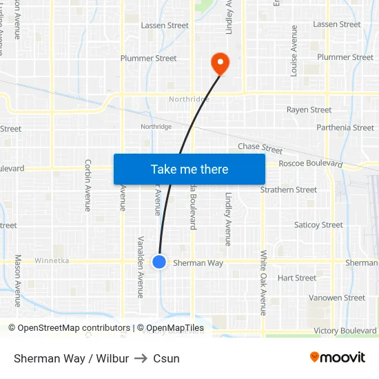 Sherman Way / Wilbur to Csun map