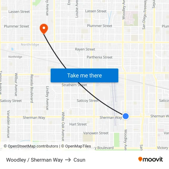 Woodley / Sherman Way to Csun map