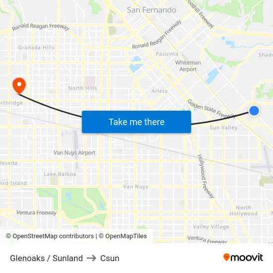 Glenoaks / Sunland to Csun map