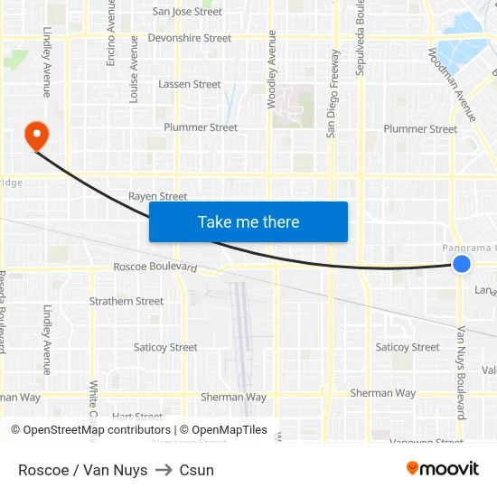 Roscoe / Van Nuys to Csun map