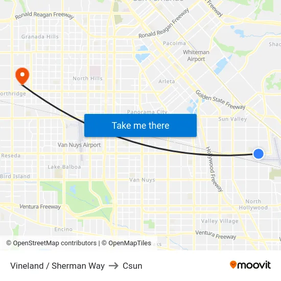 Vineland / Sherman Way to Csun map