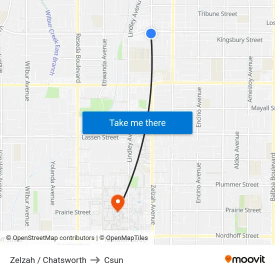 Zelzah / Chatsworth to Csun map