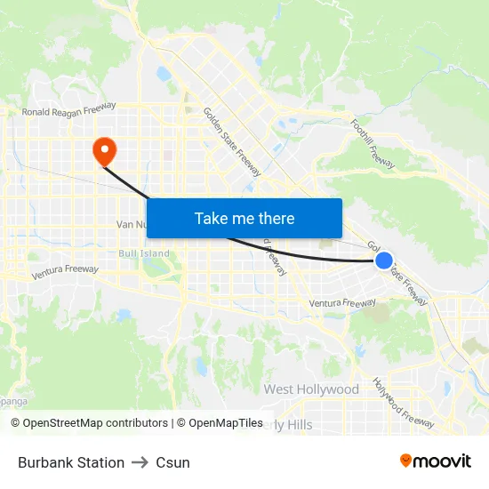 Burbank Station to Csun map