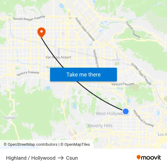Highland / Hollywood to Csun map