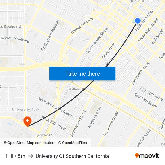 Hill / 5th to University Of Southern California map