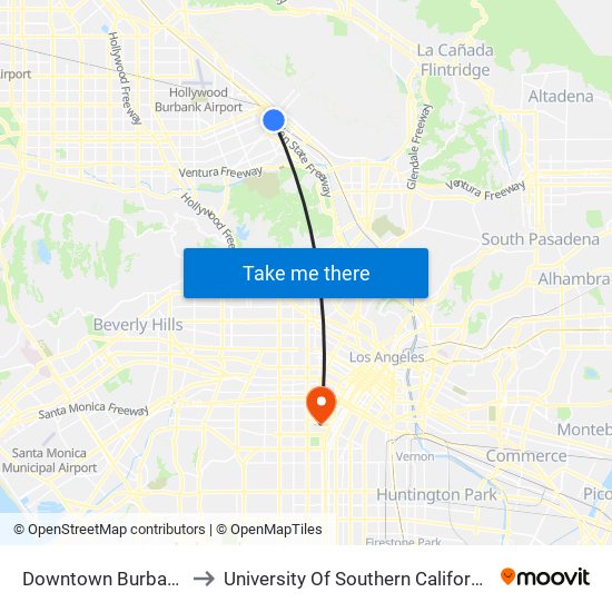 Downtown Burbank to University Of Southern California map