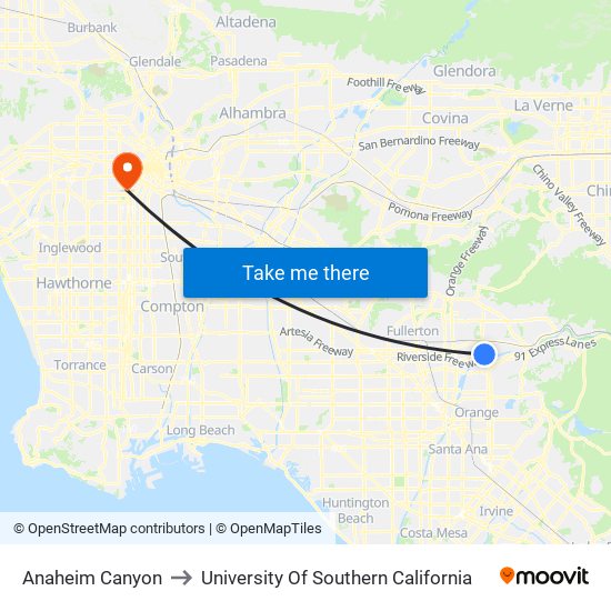 Anaheim Canyon to University Of Southern California map