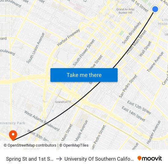 Spring St and 1st St E to University Of Southern California map