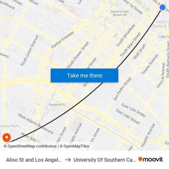 Aliso St and Los Angeles St E to University Of Southern California map