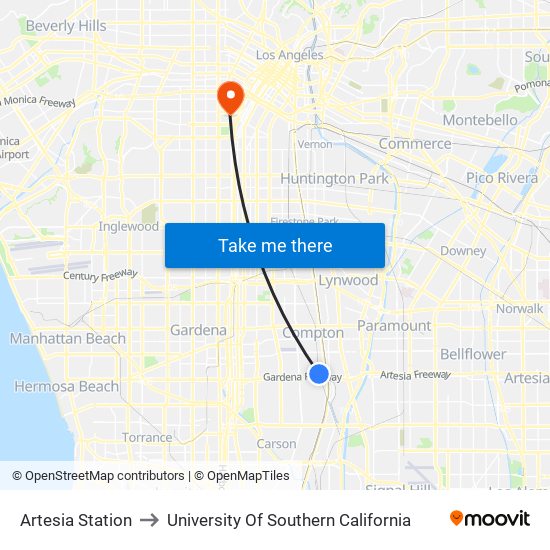 Artesia Station to University Of Southern California map