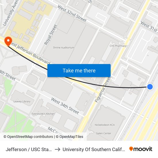 Jefferson / USC Station to University Of Southern California map