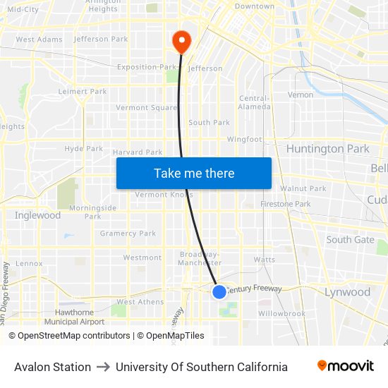 Avalon Station to University Of Southern California map