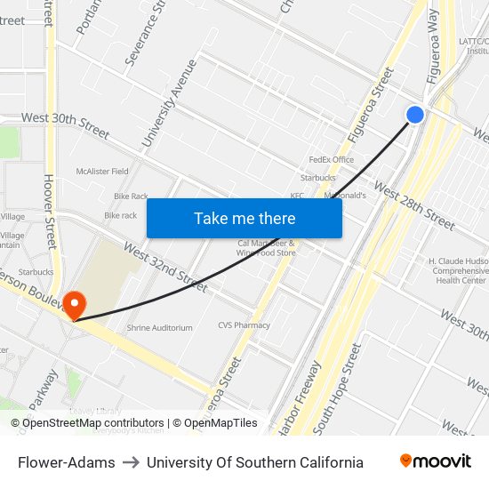 Flower-Adams to University Of Southern California map