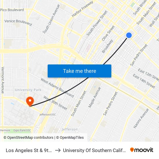 Los Angeles St & 9th St to University Of Southern California map