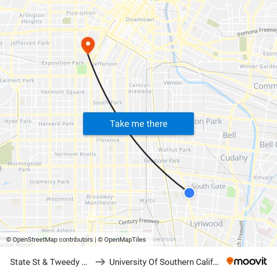 State St & Tweedy Blvd to University Of Southern California map