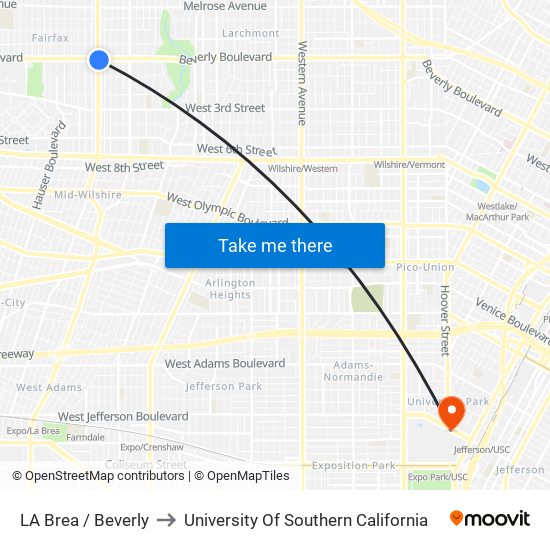 LA Brea / Beverly to University Of Southern California map