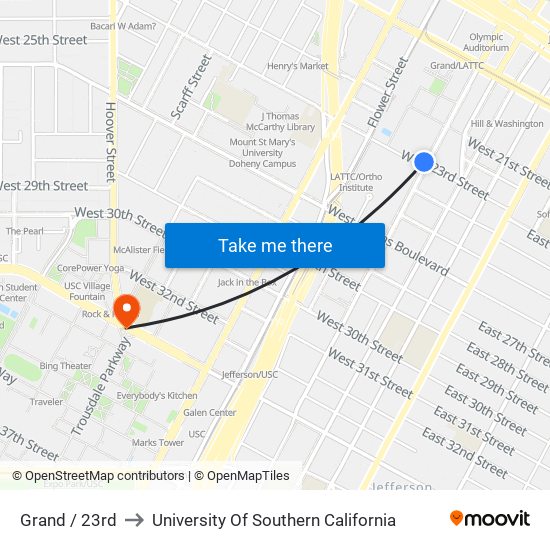 Grand / 23rd to University Of Southern California map