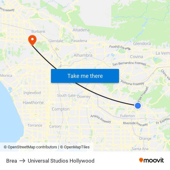 Brea to Universal Studios Hollywood map