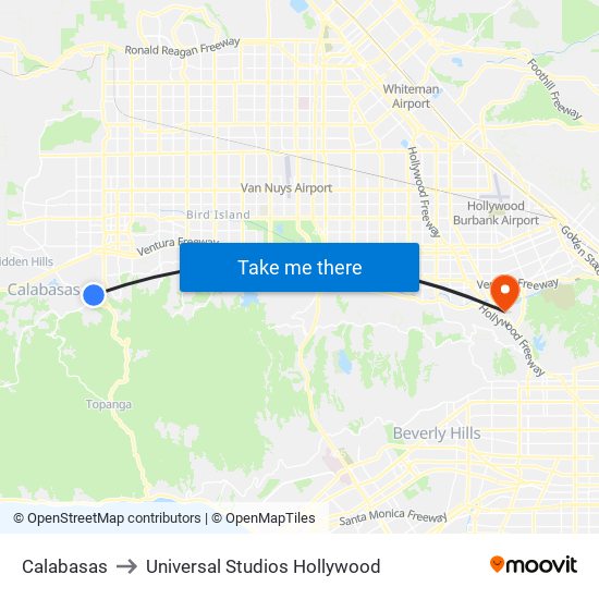 Calabasas to Universal Studios Hollywood map