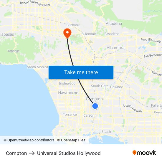 Compton to Universal Studios Hollywood map