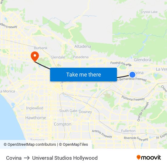 Covina to Universal Studios Hollywood map