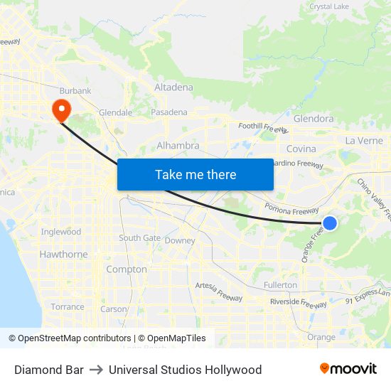 Diamond Bar to Universal Studios Hollywood map