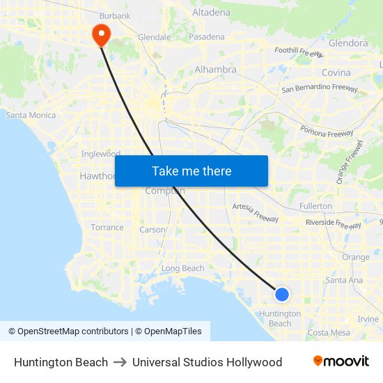 Huntington Beach to Universal Studios Hollywood map