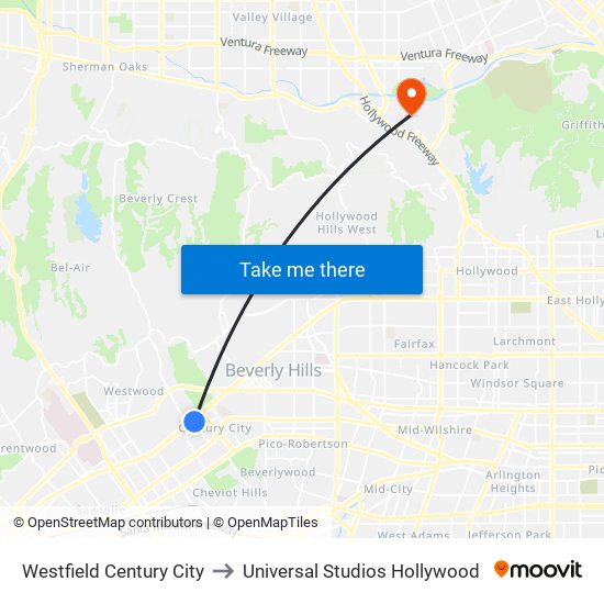 Westfield Century City to Universal Studios Hollywood map