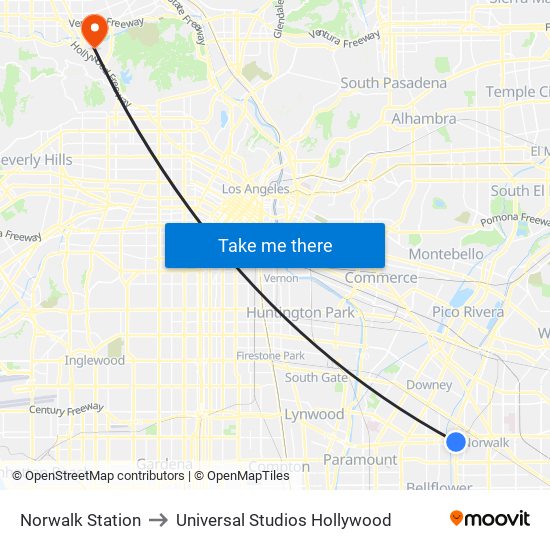 Norwalk Station to Universal Studios Hollywood map