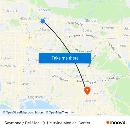 Raymond / Del Mar to Uc Irvine Medical Center map