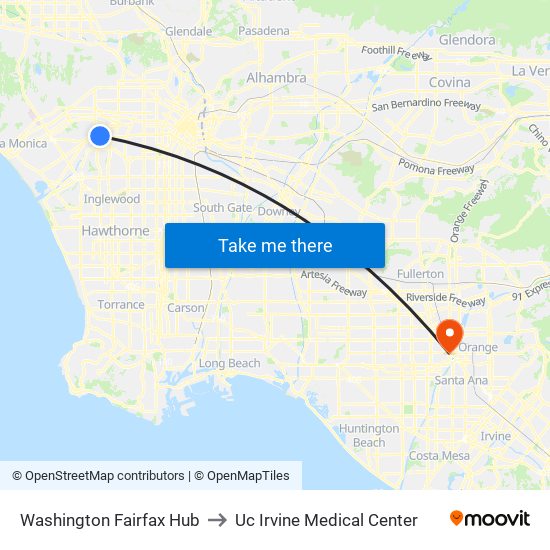 Washington Fairfax Hub to Uc Irvine Medical Center map