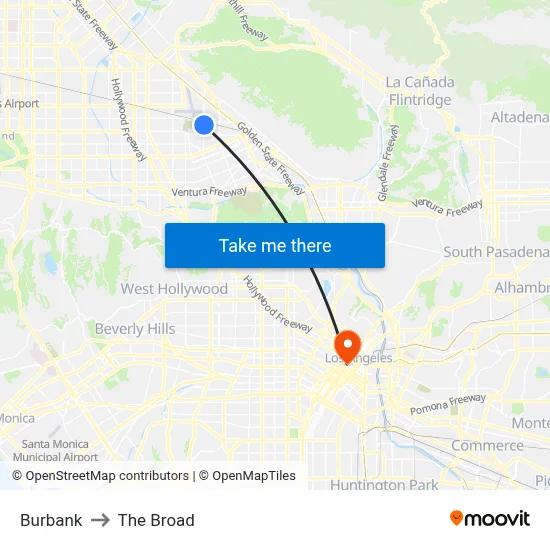 Burbank to The Broad map