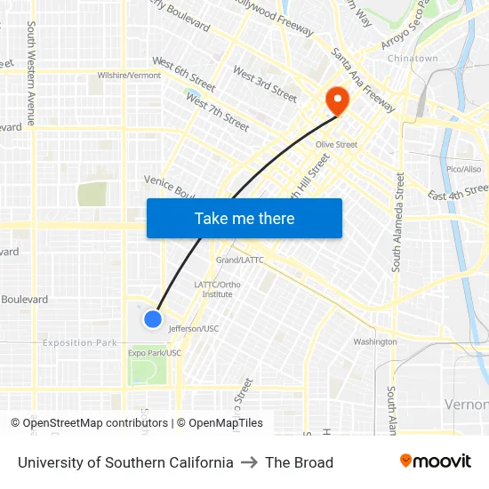 University Of Southern California to The Broad map