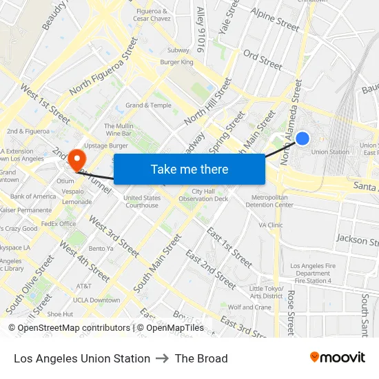 Los Angeles Union Station to The Broad map