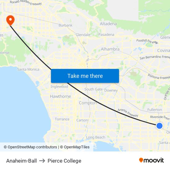 Anaheim-Ball to Pierce College map