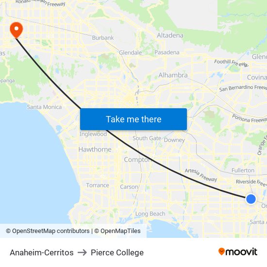 Anaheim-Cerritos to Pierce College map
