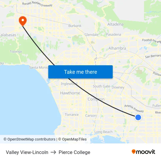 Valley View-Lincoln to Pierce College map