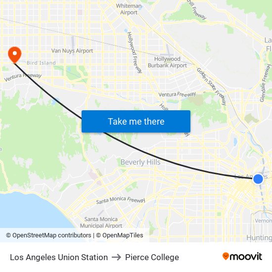 Los Angeles Union Station to Pierce College map