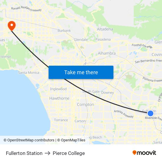 Fullerton Station to Pierce College map