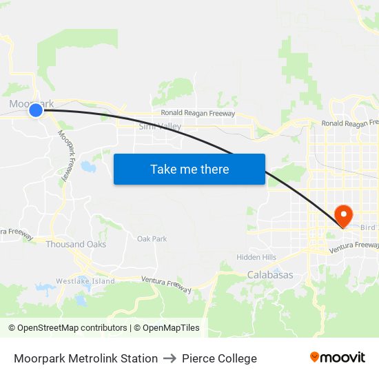 Moorpark Metrolink Station to Pierce College map