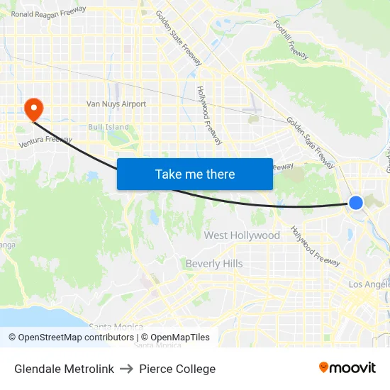 Glendale Metrolink to Pierce College map