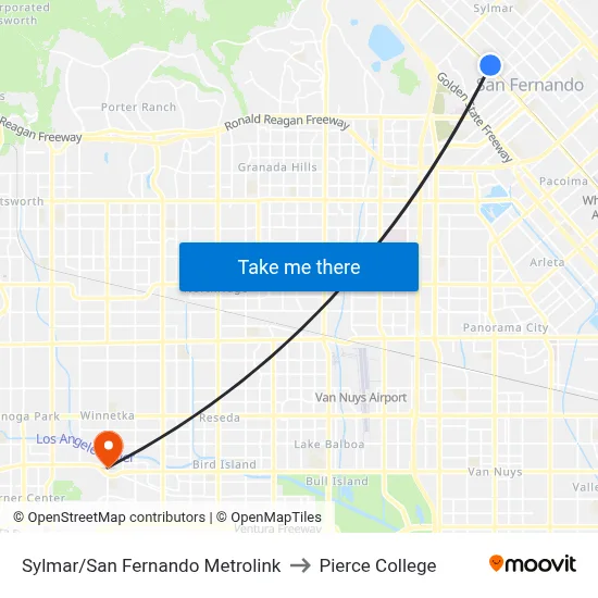 Sylmar/San Fernando Metrolink to Pierce College map