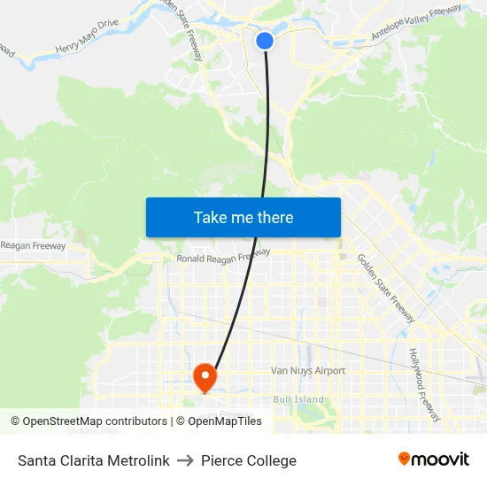 Santa Clarita Metrolink to Pierce College map