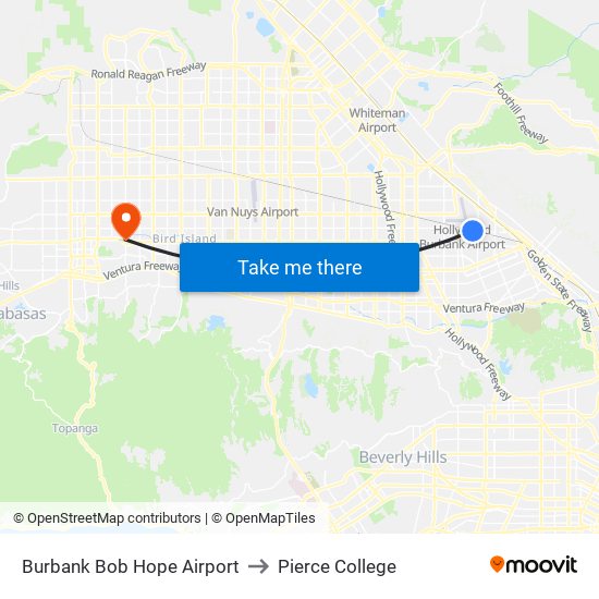 Burbank Bob Hope Airport to Pierce College map