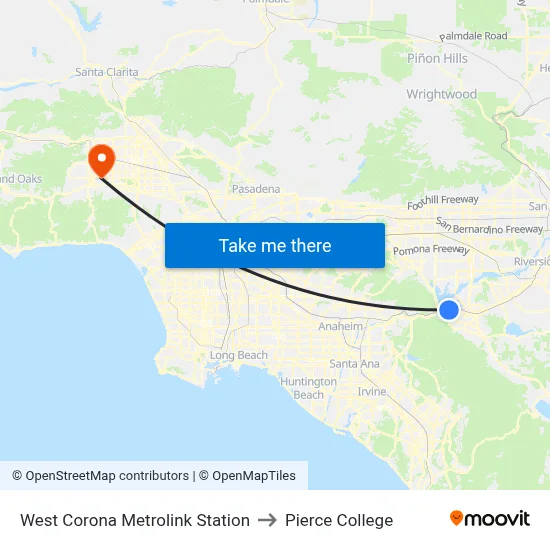 West Corona Metrolink Station to Pierce College map