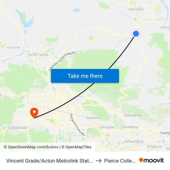 Vincent Grade/Acton Metrolink Station to Pierce College map