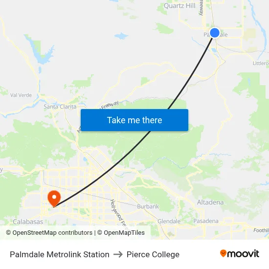 Palmdale Metrolink Station to Pierce College map